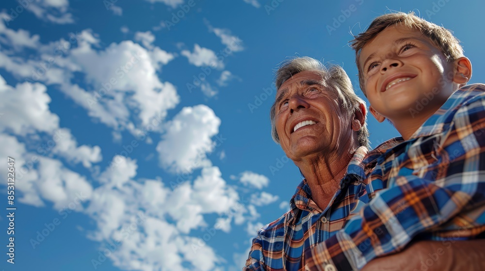 An older man and a young boy gaze at the blue sky, adorned with white clouds, dressed accordingly - the older man in a plaid shirt The boy looks up, mimicking An older man and a young boy gaze at the blue sky, adorned with white clouds, dressed accordingly - the older man in a plaid shirt The boy looks up, mimicking