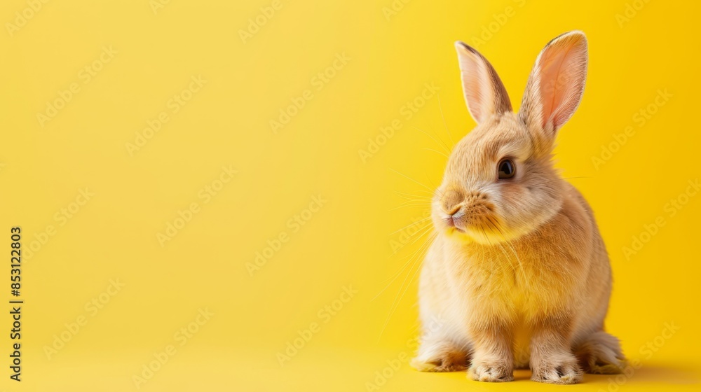A tight shot of a rabbit against a yellow backdrop The rabbit is partially obscured by a softly blurred duplicate, creating depth One ear is turned toward the camera A tight shot of a rabbit against a yellow backdrop The rabbit is partially obscured by a softly blurred duplicate, creating depth One ear is turned toward the camera