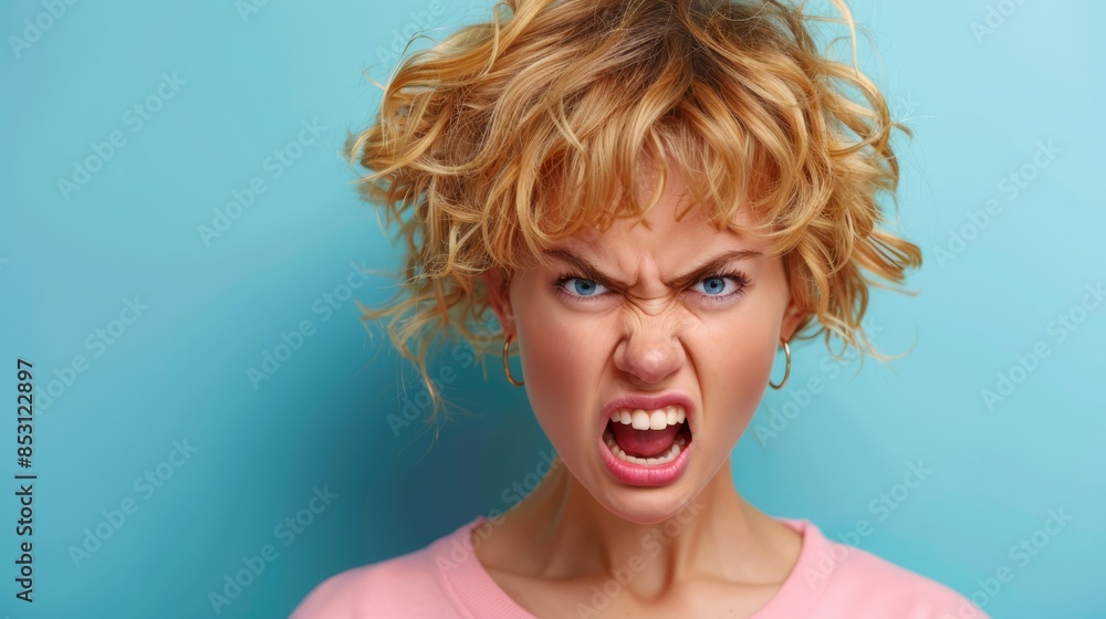 A person with a shocked expression, hairdryer near head, blue wall behind, blue backdrop A person with a shocked expression, hairdryer near head, blue wall behind, blue backdrop