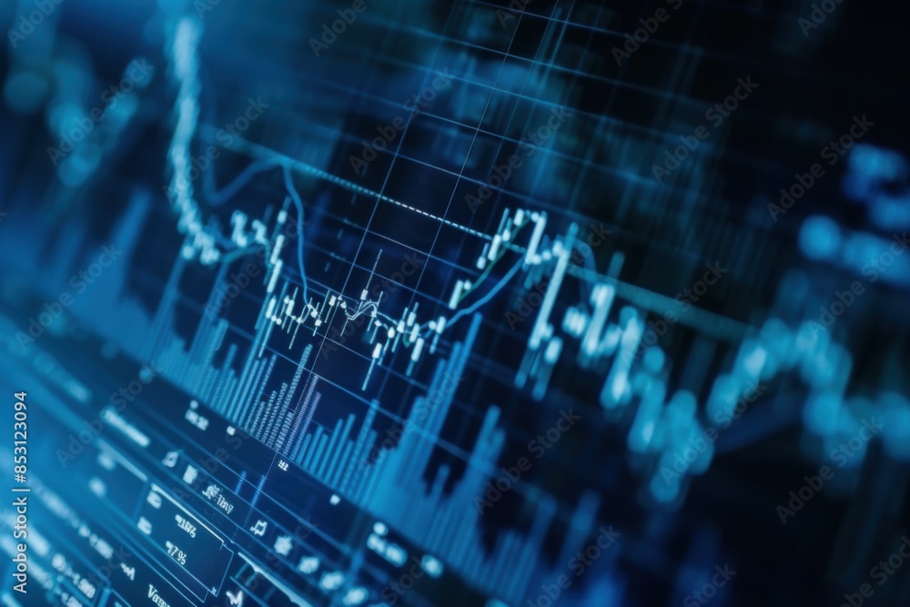 Displaying a stock market chart. Digital growth charts in blue tones. Abstract business trends Displaying a stock market chart. Digital growth charts in blue tones. Abstract business trends