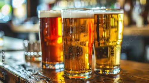  A tight shot of three glasses of beer on a table, with a keyboard in sharp focus in the foreground A fourth glass of beer sits hazily in the background on another table,