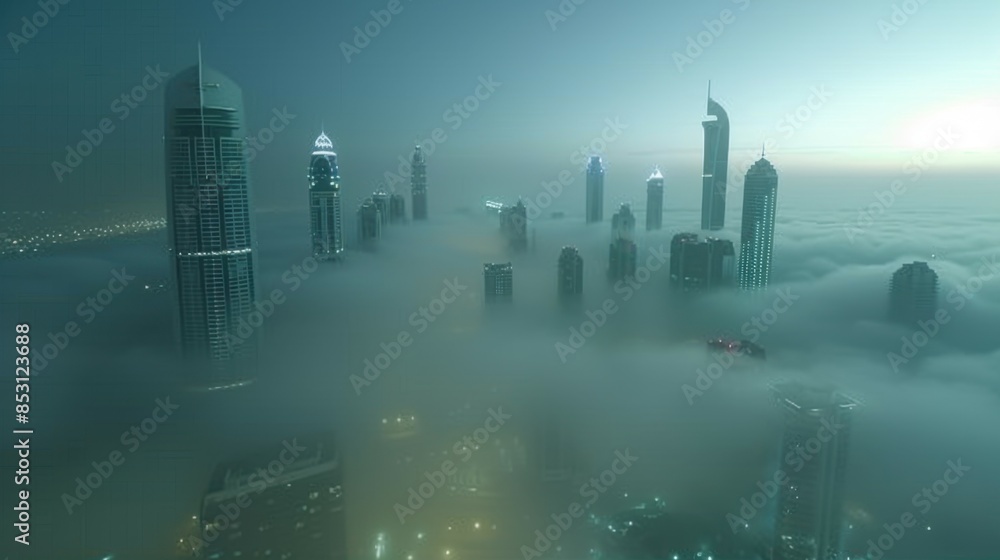 City center with skyscrapers immersed in fog. High buildings. Early morning glow. City center with skyscrapers immersed in fog. High buildings. Early morning glow.