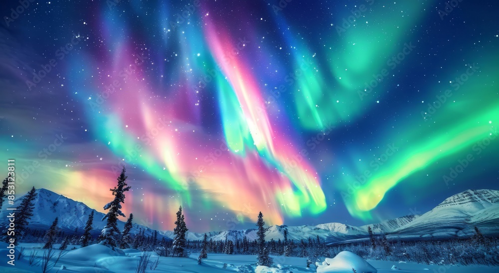 A mesmerizing display of the Northern Lights dancing across an arctic sky, illuminating snow-covered hills and dense forests below in vibrant greens A mesmerizing display of the Northern Lights dancing across an arctic sky, illuminating snow-covered hills and dense forests below in vibrant greens