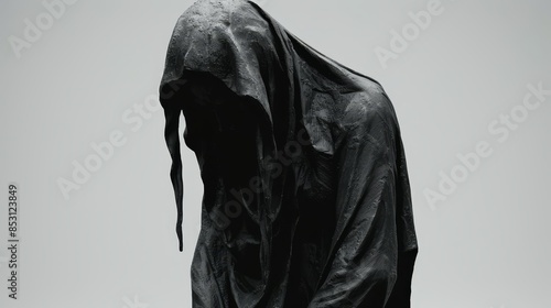  A monochrome image of a statued person, clad in a cloak covering its head, and swathed in black fabric at the back photo