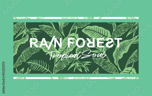 Vector illustration of text alluding to the Amazon rainforest and its preservation. Art with leaves in graphic style in the background.