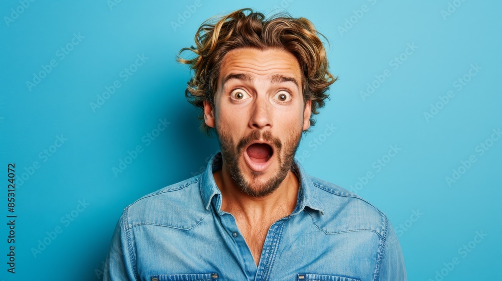 A man with a shocked expression, mouth agape, eyes wide and gaze averted on a blue backdrop A man with a shocked expression, mouth agape, eyes wide and gaze averted on a blue backdrop