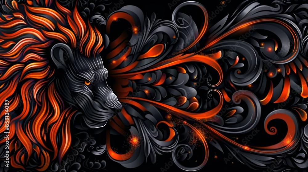 A lion's head adorned with red and black swirls, set against a central black backdrop with red and orange swirling motifs A lion's head adorned with red and black swirls, set against a central black backdrop with red and orange swirling motifs