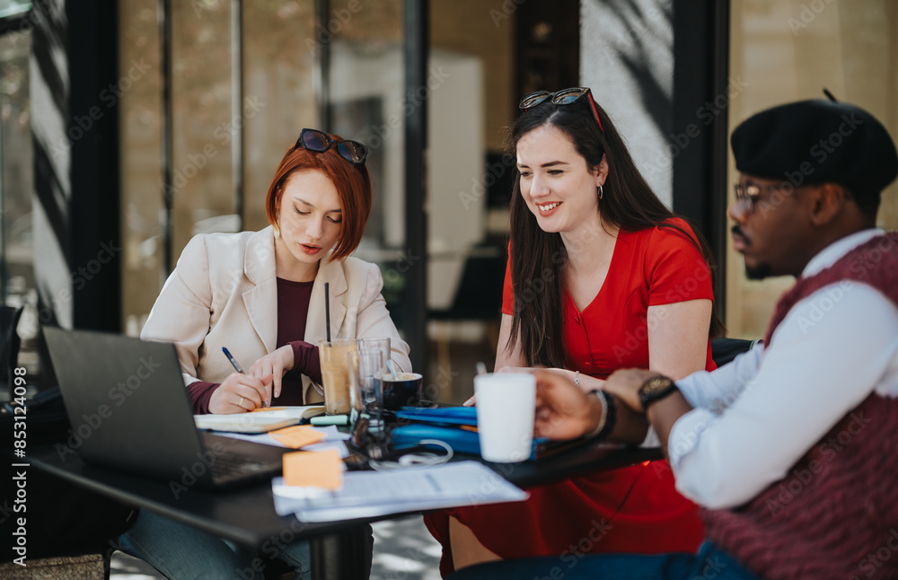 Businesspeople engaged in a meeting while sitting at an outdoor cafe, discussing strategies with a laptop on the table. Businesspeople engaged in a meeting while sitting at an outdoor cafe, discussing strategies with a laptop on the table.