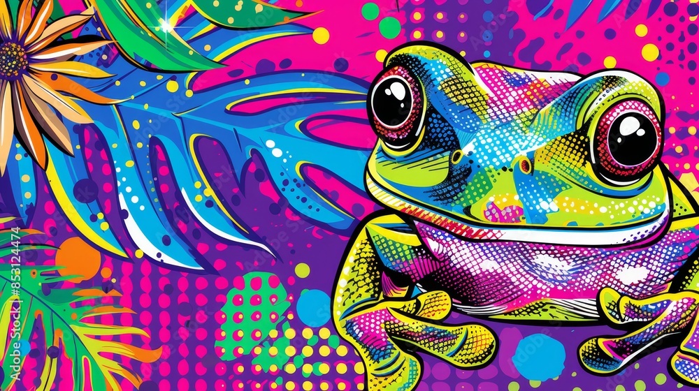 A vibrant frog perches atop a vivid wallpaper, holding a flower in its mouth and a leaf before it A vibrant frog perches atop a vivid wallpaper, holding a flower in its mouth and a leaf before it