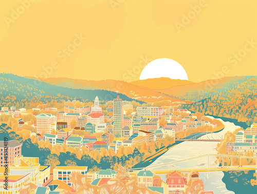 Risograph print travel poster illustration of Asheville, North Carolina, modern, isolated, clear, simple. Artistic, stylistic, screen printing, stencil, stencilled, graphic design. Banner, wallpaper © Goodwave Studio
