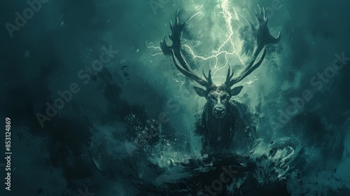  A painting of a deer in the midst of a watery scene, sporting antlers atop its head A solitary lightning bolt pierces the middle of the tranquil sea photo