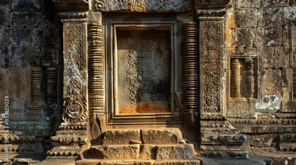 In the ancient Hindu temple of Preah Koh within the historic Angkor Wat UNESCO site in Siem Reap Cambodia a deceptive entrance door is expertly carved into the rock In the ancient Hindu temple of Preah Koh within the historic Angkor Wat UNESCO site in Siem Reap Cambodia a deceptive entrance door is expertly carved into the rock