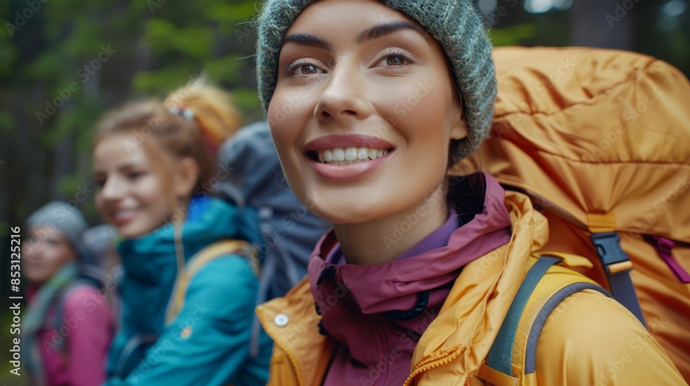A close-up of a person wearing a backpack, smiling at the camera People and trees in the background; someone wears a yellow jacket A close-up of a person wearing a backpack, smiling at the camera People and trees in the background; someone wears a yellow jacket