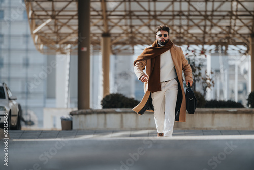 Fashionable male entrepreneur strolling confidently in a city setting, showcasing seasonal winter fashion, evoking feelings of success and style.