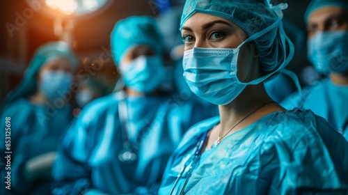 A team of surgeons in blue scrubs face sideways, gazing at the camera Behind them, a radiant light shines photo