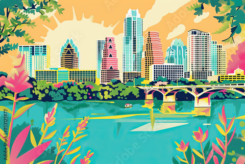Risograph print travel poster illustration of Austin, Texas, modern, isolated, clear, simple. Artistic, stylistic, screen printing, stencil, stencilled, graphic design. Banner, wallpaper