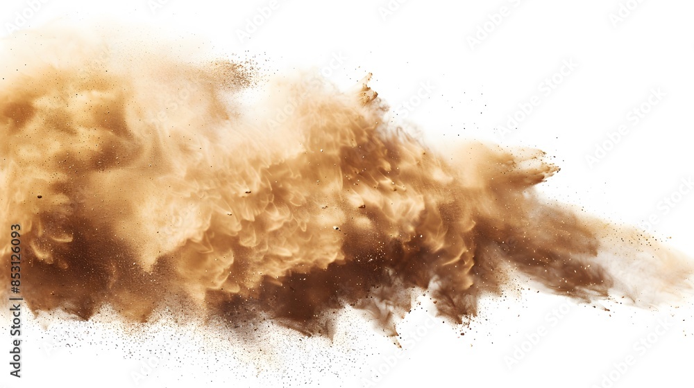 Tan cloud of sand blown on a white background