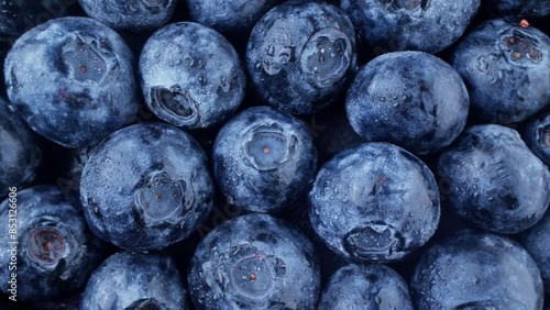 Plump blueberries with water drops. Keto diet. Fresh juicy blueberries in macro. Advertising footage. Harvest of ripe blueberries. Dolly out shot with macro lens. Top view. Close-up in 4K, UHD