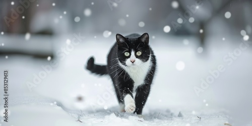 A cute cat with fluffy fur walks through snow, surrounded by snowflakes in a winter park. photo