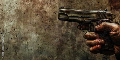 A vintage handgun in a close-up, representing danger and crime in a grungy background.