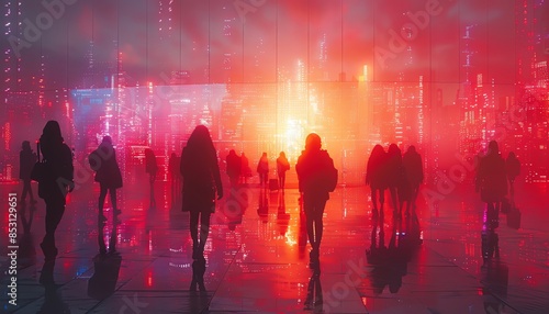 Silhouetted figures walk through a futuristic cityscape bathed in vibrant neon lights, reflecting off the wet ground, creating a surreal atmosphere. © AlexCaelus