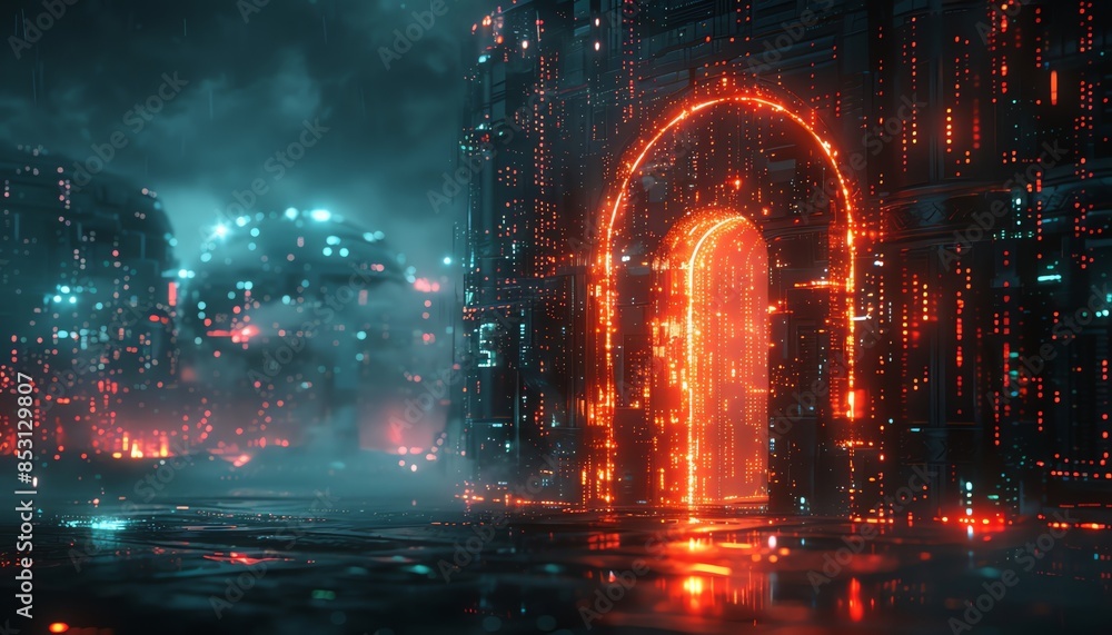 Futuristic digital landscape with a glowing neon archway, surrounded by a misty atmosphere and illuminated buildings. Futuristic digital landscape with a glowing neon archway, surrounded by a misty atmosphere and illuminated buildings.