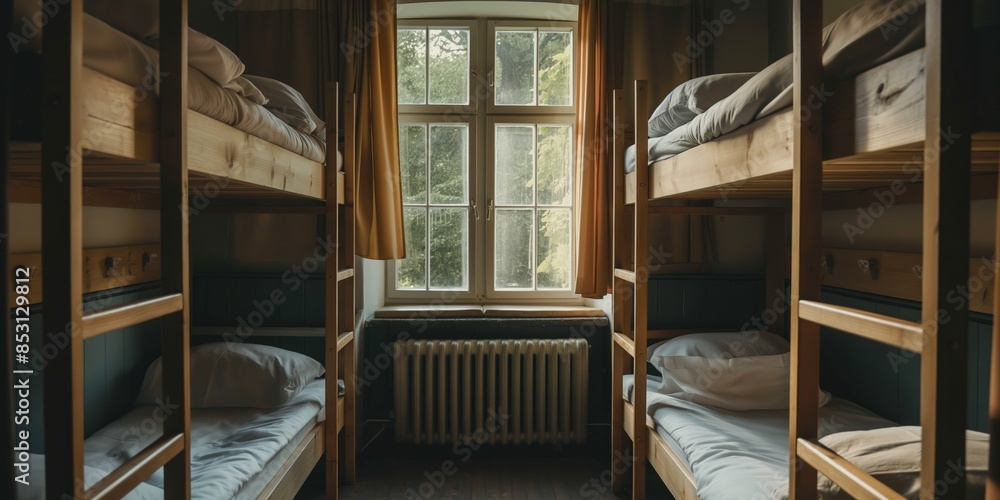 Fototapeta premium A modern hostel room with bunk beds and clean, comfortable bedding for a relaxing stay.