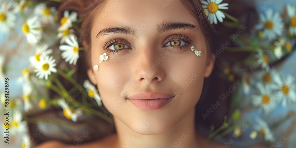A spa model presents a fresh face with chamomile makeup, epitomizing beauty and wellness. A spa model presents a fresh face with chamomile makeup, epitomizing beauty and wellness.