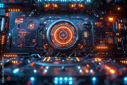 Futuristic Technology Interface With Orange And Blue Lights.