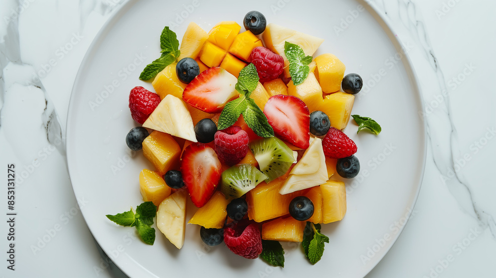 A colorful fruit salad arranged in a geometric pattern on a white plate. A colorful fruit salad arranged in a geometric pattern on a white plate.