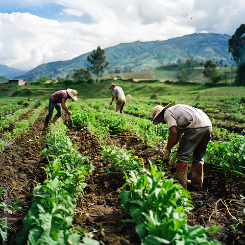 Farmers working in a field in the Andes Mountains, cultivating their crops. Generated by AI.