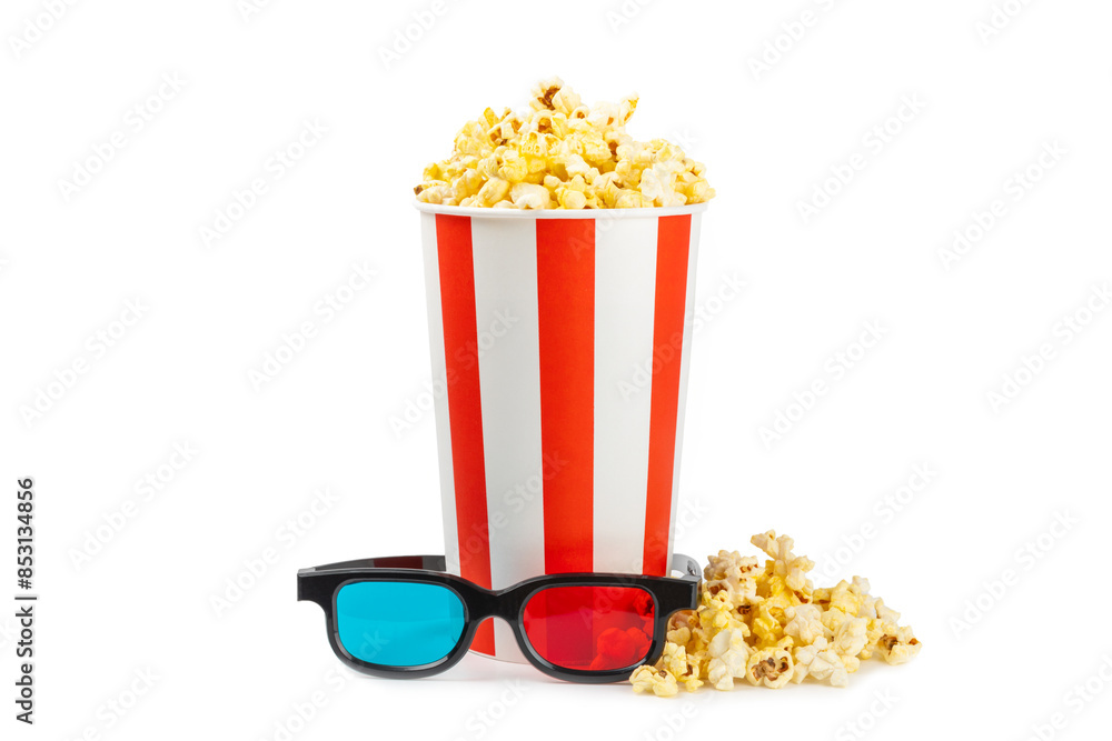Tasty popcorn in buckets and cold cola drinks with cinema tickets, movie clapper and 3D eyeglasses isolated on white background. Cinema concept. Watching a movie. Tasty popcorn in buckets and cold cola drinks with cinema tickets, movie clapper and 3D eyeglasses isolated on white background. Cinema concept. Watching a movie.