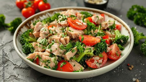 Salad from canned tuna with tomatoes and Brot. Generative Ai © we3_food