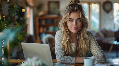 Entspannte junge Frau im Home Office mit Laptop und Kaffeetasse in einem gemütlichen, pflanzenreichen Raum – Modernes Arbeiten von zu Hause mit natürlicher Beleuchtung und inspirierender Atmosphäre