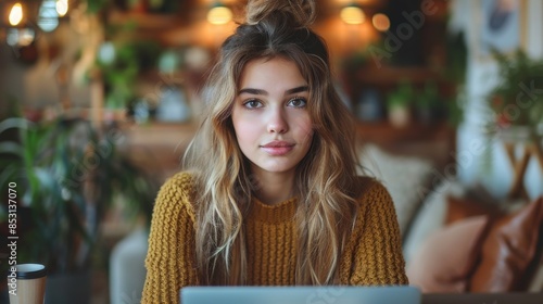 Entspannte junge Frau im Home Office mit Laptop und Kaffeetasse in einem gemütlichen, pflanzenreichen Raum – Modernes Arbeiten von zu Hause mit natürlicher Beleuchtung und inspirierender Atmosphäre