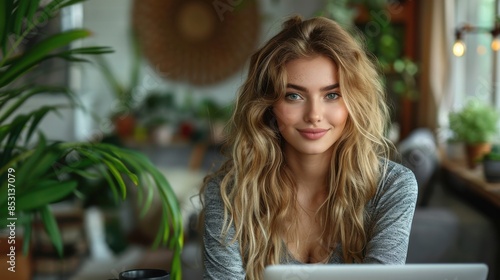 Entspannte junge Frau im Home Office mit Laptop und Kaffeetasse in einem gemütlichen, pflanzenreichen Raum – Modernes Arbeiten von zu Hause mit natürlicher Beleuchtung und inspirierender Atmosphäre