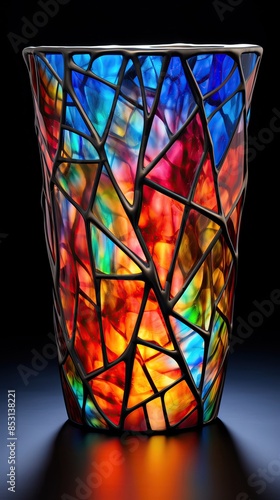 A vibrant, colorful stained glass vase featuring intricate geometric patterns illuminated against a dark background for dramatic effect.