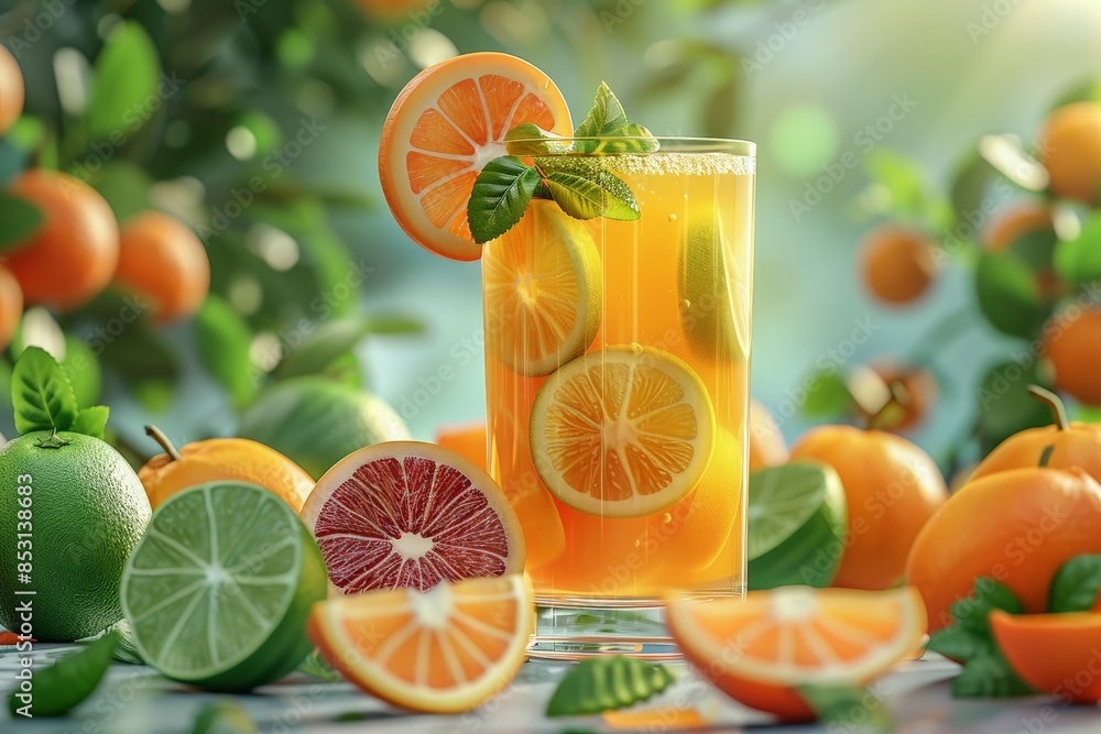 Refreshing citrus juice in a glass with slices of lemon, lime, and orange, surrounded by fresh fruits in a sunny outdoor setting. Refreshing citrus juice in a glass with slices of lemon, lime, and orange, surrounded by fresh fruits in a sunny outdoor setting.