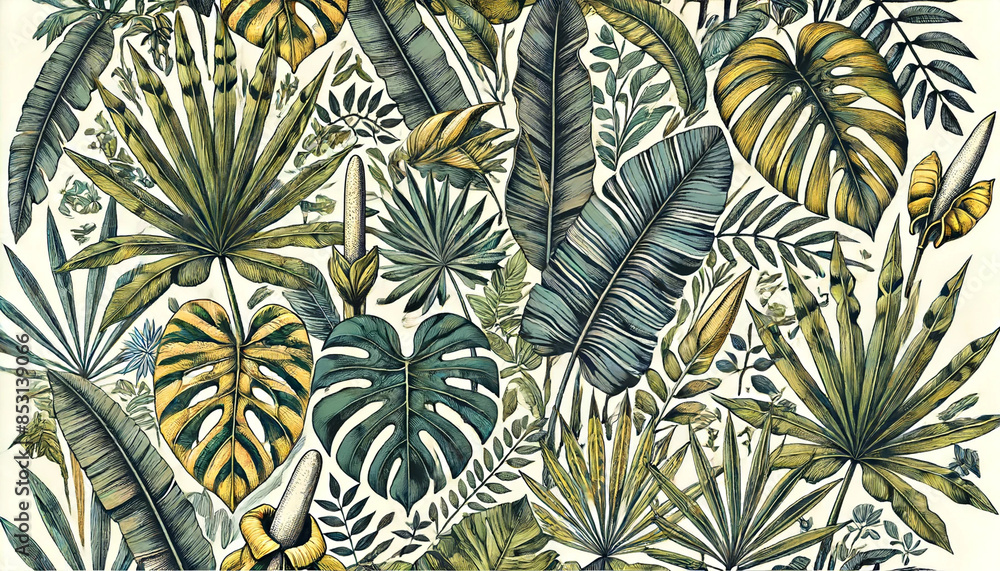 Fototapeta Botanical illustration. Tropical seamless pattern. Rainforest, jungle. Palm leaves, monstera, colocasia, banana. Hand drawing for the design of fabric, paper, wallpaper, and notebook covers