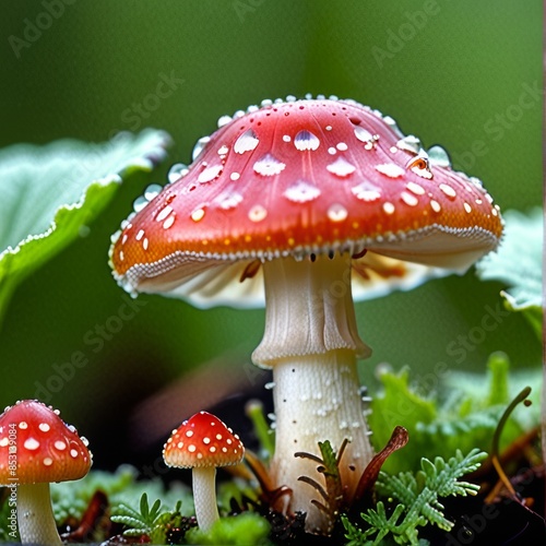Mushroom with red cap, with drops of dew in the upper part immersed in green vegetation