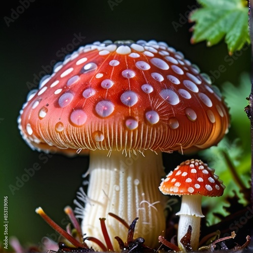 Mushroom with red cap, with drops of dew in the upper part immersed in green vegetation