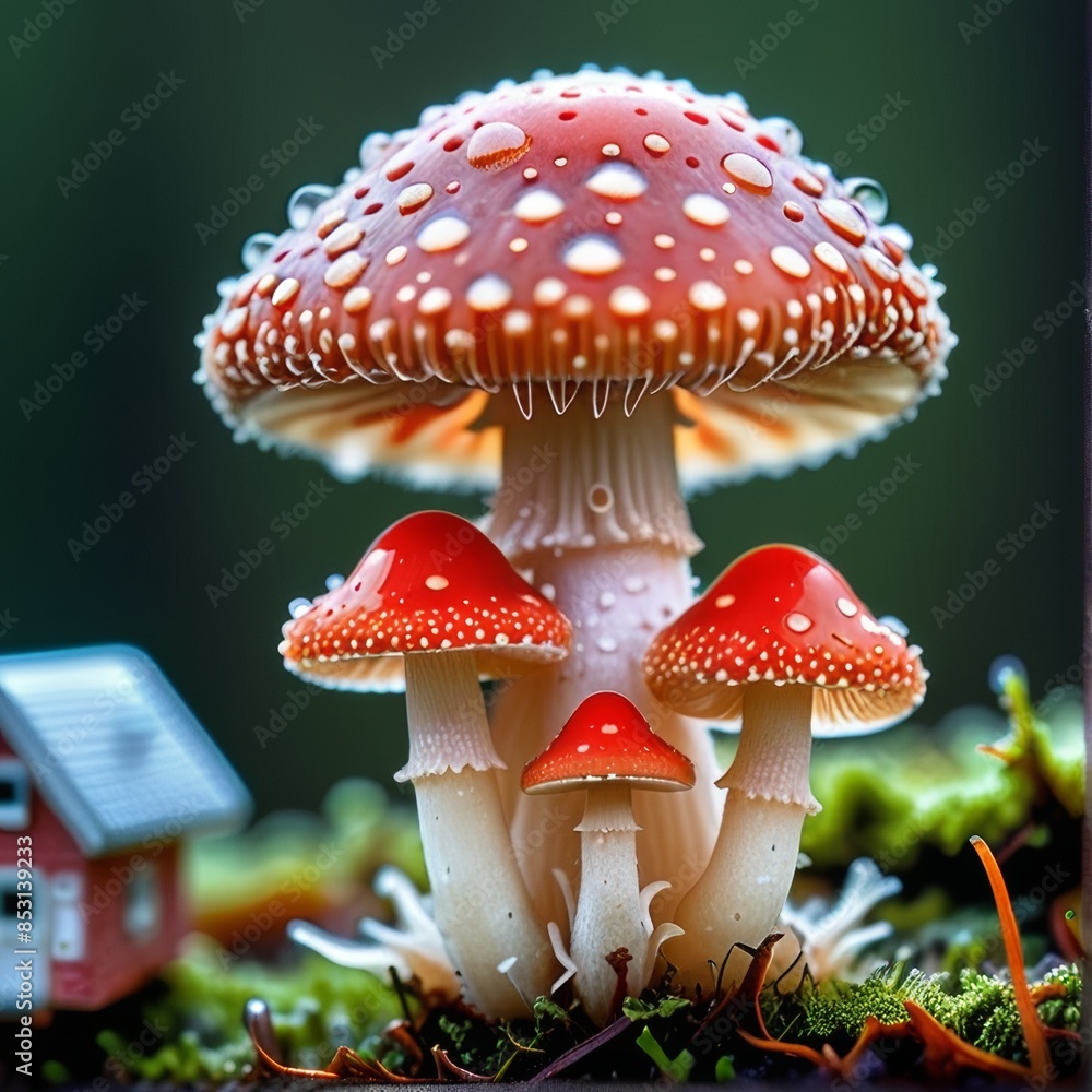 Mushroom with red cap, with drops of dew in the upper part immersed in green vegetation Mushroom with red cap, with drops of dew in the upper part immersed in green vegetation