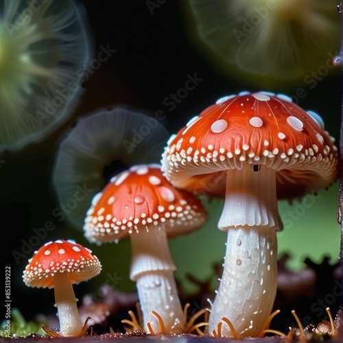 Mushroom with red cap, with drops of dew in the upper part immersed in green vegetation