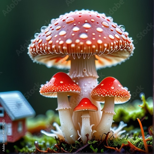 Mushroom with red cap, with drops of dew in the upper part immersed in green vegetation