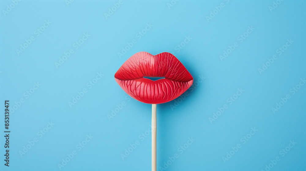 World kissing day.Lips on stick on blue background, copy space World kissing day.Lips on stick on blue background, copy space