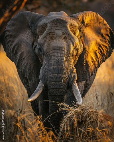 captivating close-up portrait of a wise old elephant in golden sunlight, detailed texture of wrinkled skin and tusks, majestic and serene wildlife photo