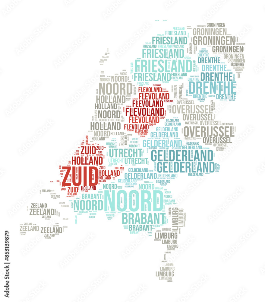 Netherlands Word Cloud. Country shape with region division. Netherlands typography style image. Region names tag clouds. Vector illustration.