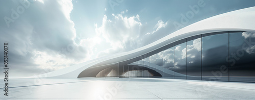 3D rendering, white curved architecture with glass windows and concrete floor, futuristic style © Evgenia