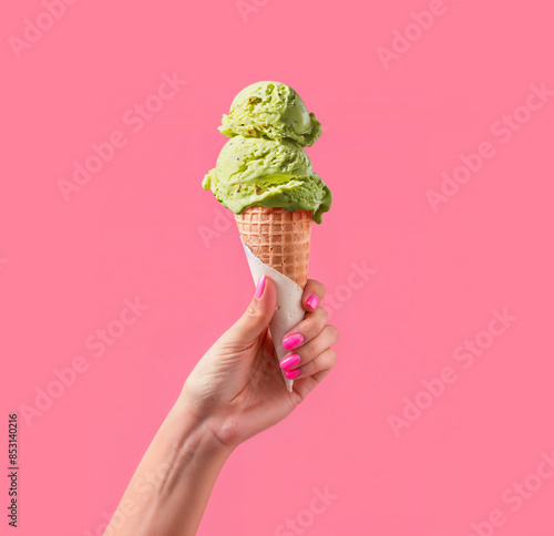 Delicious pistachio ice cream held by woman hand on pink background template