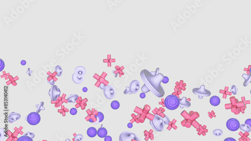 A horizontal composition of various shapes in different colors floating in the air, leaving a blank space above the arrangement.